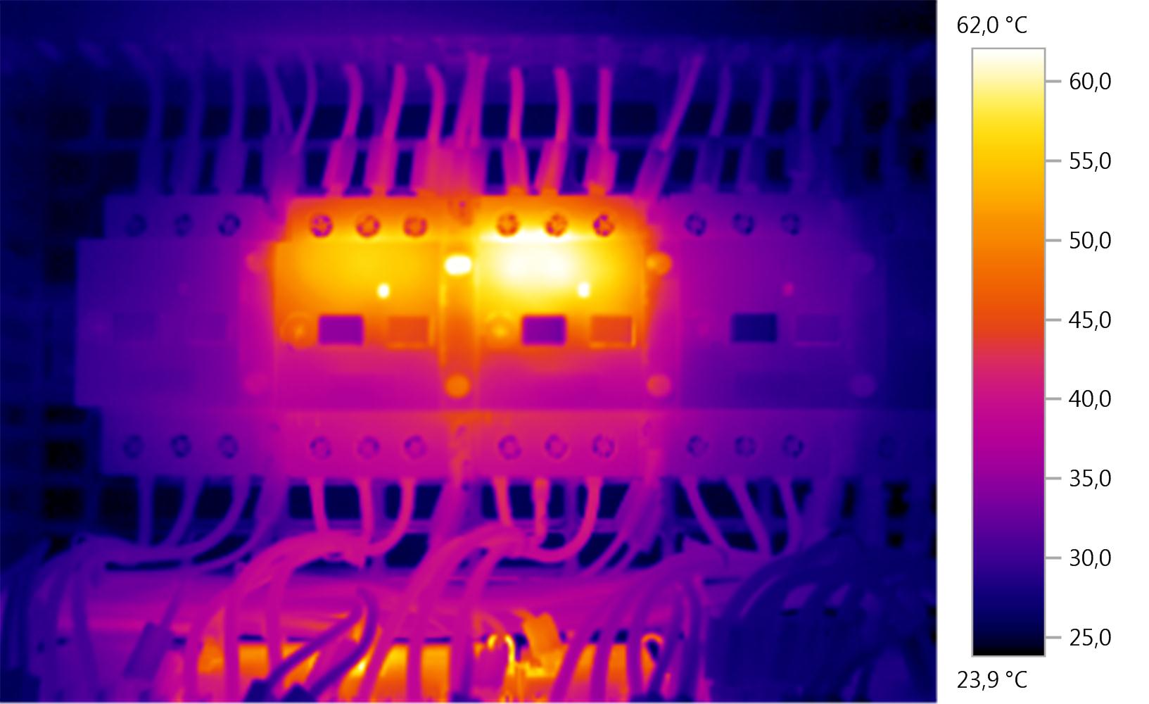 Elektrik panosunun termal kamera görüntüsü ve sıcaklık skalası